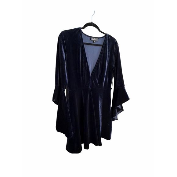 Lulus Navy Blue Velvet Bell Sleeve Skater Dress Small Deep V Cocktail Party - Picture 12 of 12